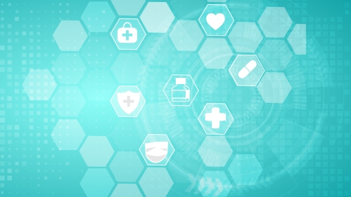 A blue background with hexagons and medical icons.