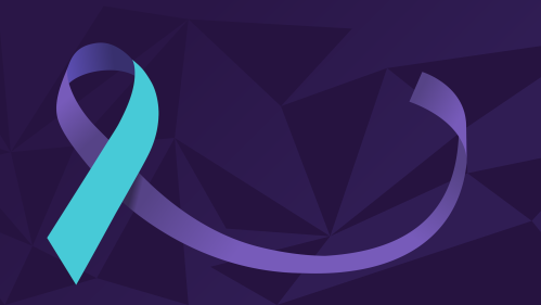 A teal and purple ribbon on a purple background symbolizing Suicide Prevention Month