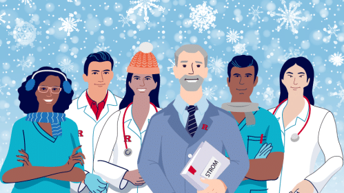 An illustration of medical professionals surrounded by falling snowflakes.