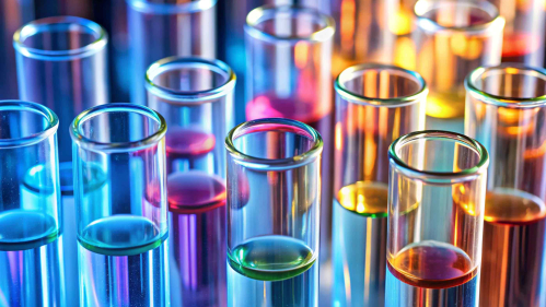 scattered array of test tubes holding liquids of different colors