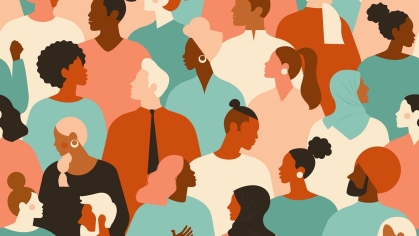 Cartoon illustrations of diverse individuals in a crowd