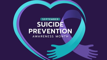September is Suicide Prevention Awareness Month logo with a heart and hands
