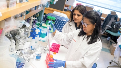 Researchers in white coats use a pipette in a microbiology lab