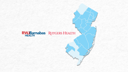 A map of New Jersey with 17 of 21 counties shaded blue to illustrate the presence of Rutgers and Barnabas