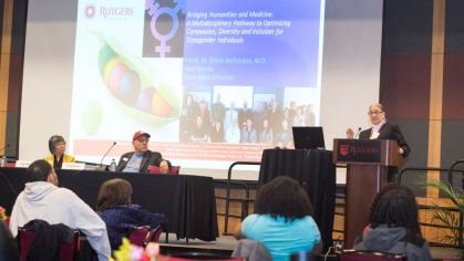 RWJMS Professor and Director of the Women’s Health Institute Gloria Bachmann speaks at the Academic Research Symposium in Diversity and Inclusion