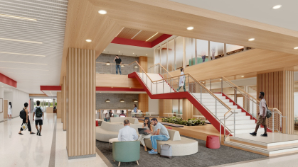 An artist’s rendering shows students, faculty, and staff in a new building for Rutgers School of Medicine