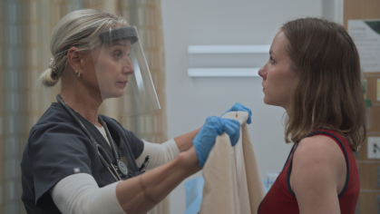 Katherine LaNasa's character Charge Nurse Dana Evans on The Pitt