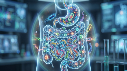 illustration of intestine with microbes inside