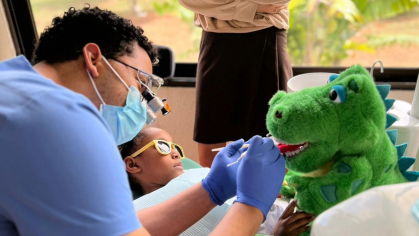 Dentist operates on stuffed dinosaur
