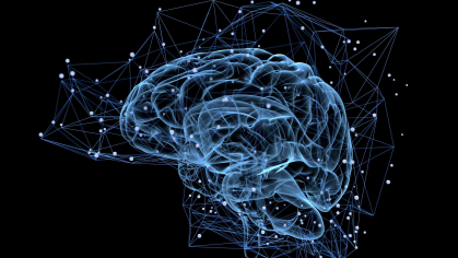 digitized image of a brain in blue against a black background