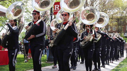 Members of the Marching Scarlet Knights perform on the College Avenue campus during Rutgers Day 2024.
