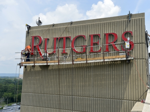 New Rutgers sign goes up on a building