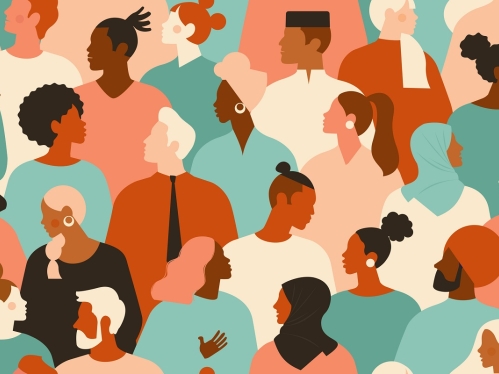 Cartoon illustrations of diverse individuals in a crowd