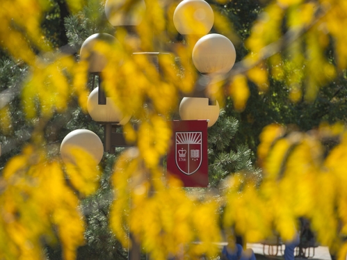 Yellow leaves are blurred in the foreground while framing a scarlet-colored flag bearing the Rutgers shield