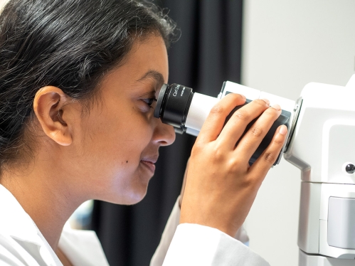 A scientist looks into the eyepiece of a microscope