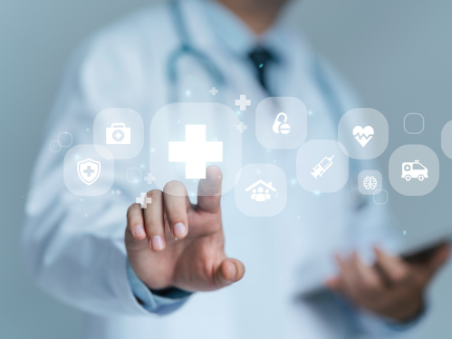 An illustration of a hand with medical symbols of health and well-being