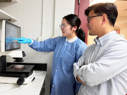 Rutgers neuroscientists Peng Jiang (at right) and Mengmeng Jin conduct research on microglia.