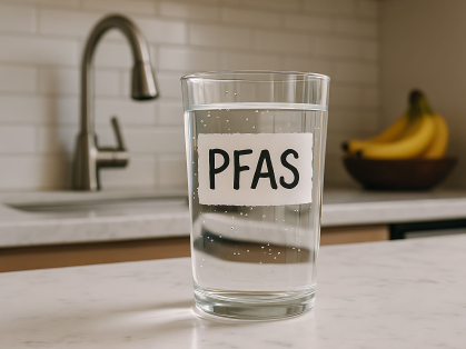 glass of drinking water with PFAS written on it