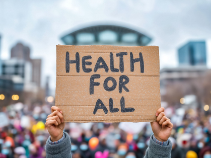 protestor holds "Health for All" sign