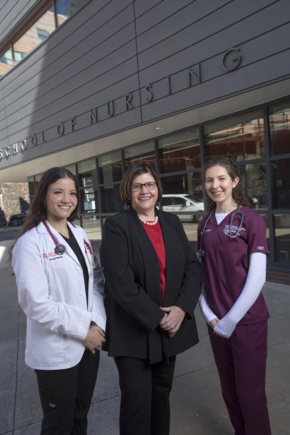 Susan Salmond, executive vice dean and professor at the Rutgers School of Nursing, with BS in Nursing students Abigail Vasquez (SON ’23) and Anne Vrubliauskas (SON ’24). The student corps members served at Robert Wood Johnson University Hospital, New Brunswick. 