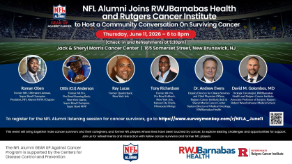 Flyer for Community Conversation on cancer for male cancer survivors, patients and caregivers, with former NFL greats, including Ray Lucas