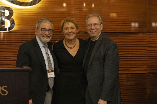 Chancellor Brian Strom with Debra Laskin, recipient of the Lifetime Distinguished Achievement Award, and Joseph Barone, Dean of the Ernest Mario School of Pharmacy.