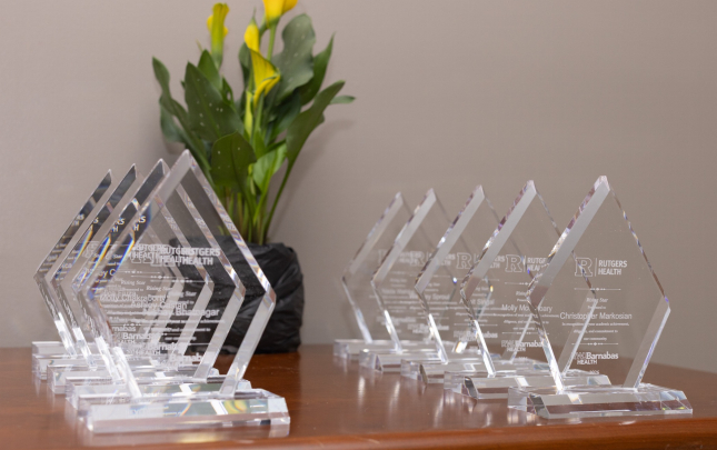The glass Rising Star awards statuettes on a table at the ceremony in Newark.