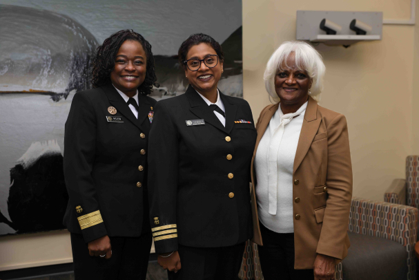 Adm. Jennifer Moon, Cdr. Jennifer Chhibber and Charlotte Thomas-Hawkins, School of  Nursing professor and associate dean for nursing science